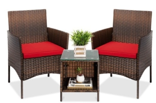 3-Piece Outdoor Patio Wicker Bistro Set w/ Side Storage Table, Brown/Red - Lot 116