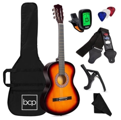 Beginner Acoustic Guitar Set w/ Case, Strap, Digital Tuner, Strings - 38in, Sunburst - Lot 127