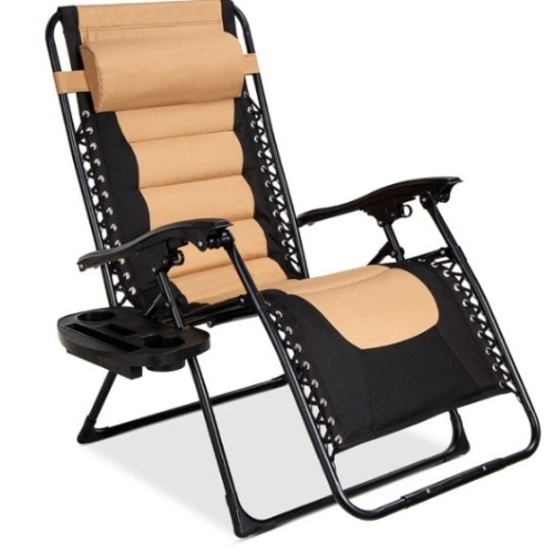 Oversized Padded Zero Gravity Chair, Folding Recliner w/ Headrest, Side Tray, Tan/Black - Lot 128