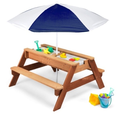 3-in-1 Kids Sand & Water Table Outdoor Wood Picnic Table w/ Umbrella, Navy - Lot 132