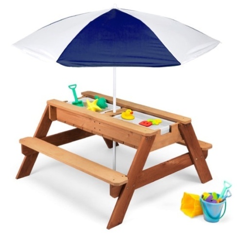 3-in-1 Kids Sand & Water Table Outdoor Wood Picnic Table w/ Umbrella, Navy - Lot 134