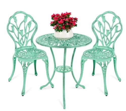 3-Piece Cast Aluminum Patio Bistro Furniture Set, Teal - Lot 139