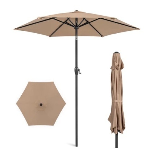 Outdoor Market Patio Umbrella w/ Push Button Tilt, Crank Lift - 7.5ft, Tan - Lot 155