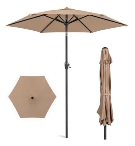 Outdoor Market Patio Umbrella w/ Push Button Tilt, Crank Lift - 7.5ft, Tan - Lot 162