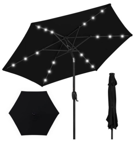 Outdoor Solar Patio Umbrella w/ Push Button Tilt, Crank Lift - 7.5ft, Black - Lot 164