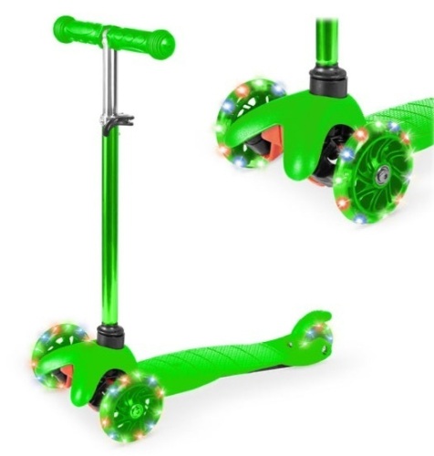 Kids Mini Kick Scooter Toy w/ Colorful Light-Up Wheels, Adjustable T-Bar, Green - Lot 182