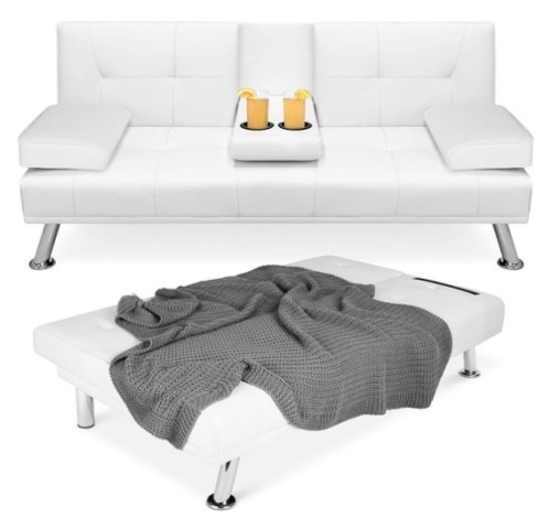 Faux Leather Upholstered Convertible Sofa Bed Futon w/ 2 Cupholders, White - Lot 186