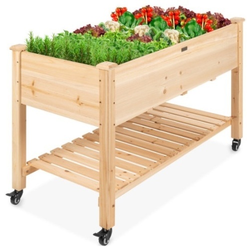 Mobile Raised Garden Bed Elevated Wood Planter w/ Wheels, Storage Shelf - Lot 191