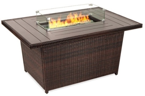 Wicker Propane Fire Pit Table, 50,000 BTU w/ Glass Wind Guard, Cover - 52in, Brown - Lot 198