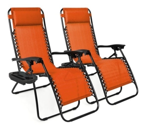 Set of 2 Adjustable Zero Gravity Patio Chair Recliners w/ Cup Holders, Burnt Orange - Lot 200