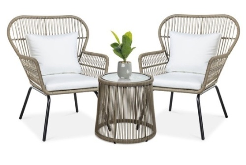 3-Piece Patio Wicker Conversation Bistro Set w/ 2 Chairs, Glass Top Table, Tan - Lot 201