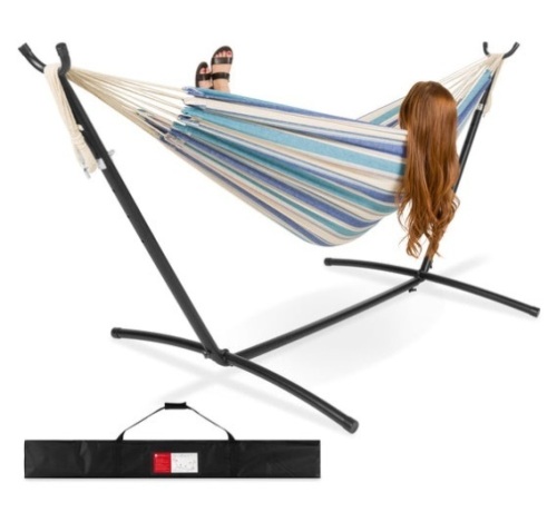 2-Person Brazilian-Style Double Hammock w/ Carrying Bag and Steel Stand, Ocean - Lot 211