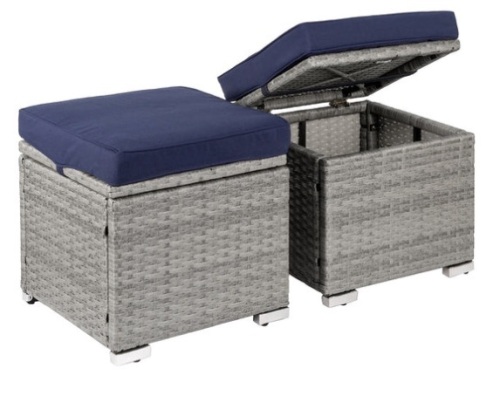 Set of 2 Wicker Ottomans, Multipurpose w/ Removable Cushions, Steel Frame, Gray/Navy - Lot 212