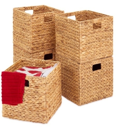 Set of 5 Collapsible Hyacinth Storage Baskets w/ Inserts - 12x12in, Natural - Lot 218