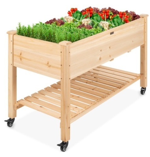 Mobile Raised Garden Bed Elevated Wood Planter w/ Wheels, Storage Shelf - Lot 225