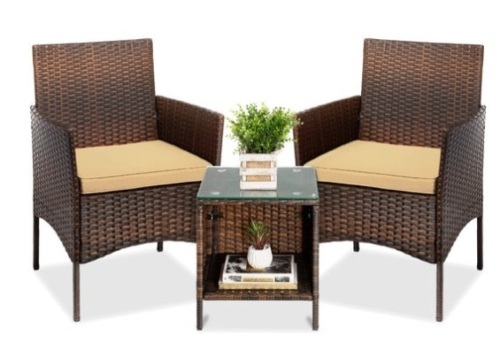 3-Piece Outdoor Patio Wicker Bistro Set w/ Side Storage Table, Brown/Tan - Lot 240