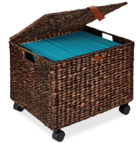 Mobile Water Hyacinth Rolling Filing Cabinet Storage Basket w/ Lid, Wheels, Brown - Lot 254