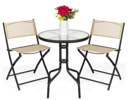 3-Piece Bistro Set w/ Glass Table, 2 Foldable Chairs, Beige - Lot 259
