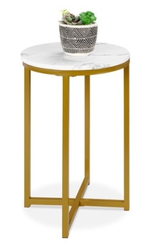 Round Coffee Side Table w/ Faux Marble Top, Metal Frame - 16in, White/Bronze Gold - Lot 260