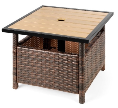 Outdoor Wicker Patio Side Table Accent Furniture w/ Umbrella Hole, Brown - Lot 261