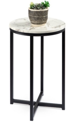 Round Coffee Side Table w/ Faux Marble Top, Metal Frame - 16in, White/Matte Black - Lot 262