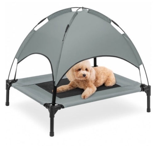 Elevated Cooling Dog Bed, Outdoor Pet Cot w/ Canopy, Carry Bag - 30in, Gray - Lot 263