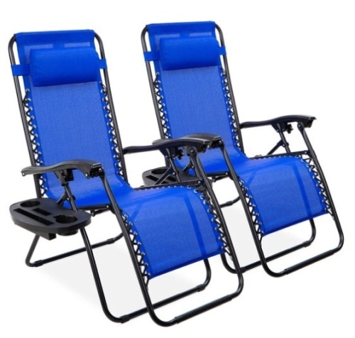 Set of 2 Adjustable Zero Gravity Patio Chair Recliners w/ Cup Holders, Cobalt Blue - Lot 271