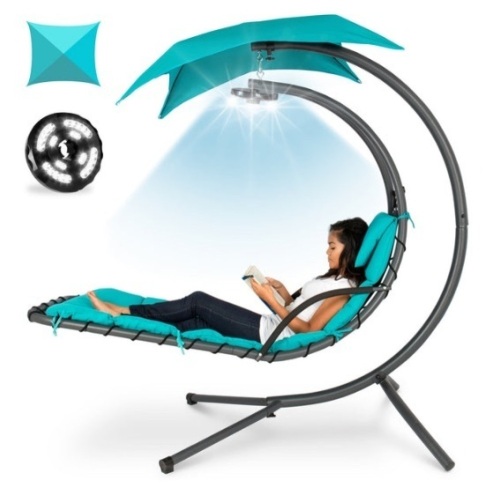 Hanging LED-Lit Curved Chaise Lounge Chair w/ Pillow, Canopy, Stand, Teal - Lot 285
