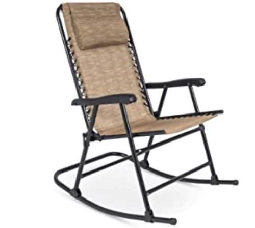 Foldable Zero Gravity Rocking Mesh Patio Lounge Chair w/Headrest Pillow - Beige - Lot 288
