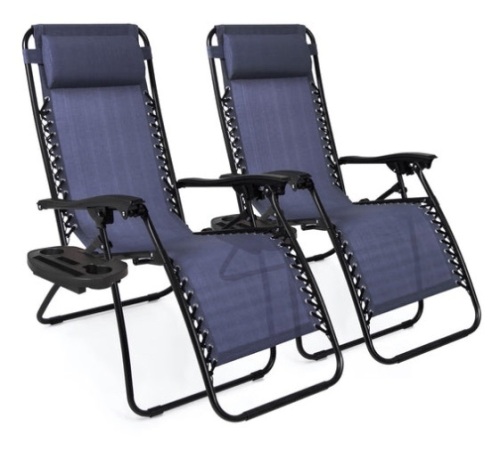Set of 2 Adjustable Zero Gravity Patio Chair Recliners w/ Cup Holders, Blue - Lot 294