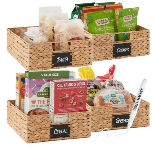 Set of 4 Water Hyacinth Pantry Baskets w/ Chalkboard, Chalk Marker, Natural - Lot 297