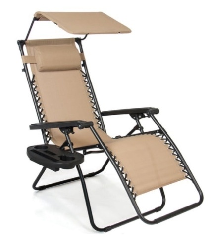 Folding Zero Gravity Recliner Patio Lounge Chair w/ Canopy, Side Tray, Beige - Lot 302