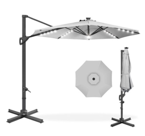 360-Degree Solar LED Cantilever Offset Patio Umbrella w/ Tilt - 10ft, Fog Gray - Lot 309