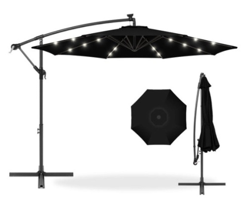 Solar LED Offset Hanging Patio Umbrella w/ Crank Tilt Adjustment - 10ft, Black - Lot 313