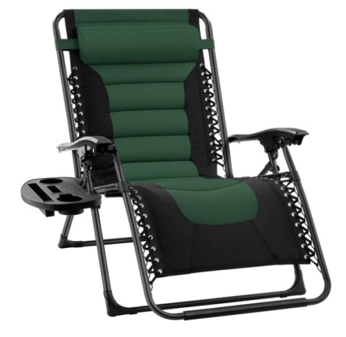 Oversized Padded Zero Gravity Chair, Folding Recliner w/ Headrest, Side Tray, Forest Green - Lot 318
