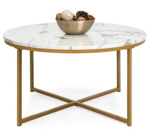 Round Coffee Table w/ Faux Marble Top, Metal Frame - 36in, Gold  - Lot 320