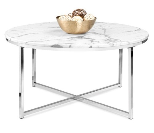 Round Coffee Table w/ Faux Marble Top, Metal Frame - 36in, Chrome - Lot 323