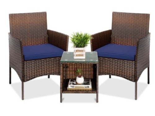 3-Piece Outdoor Patio Wicker Bistro Set w/ Side Storage Table, Brown/Navy - Lot 324
