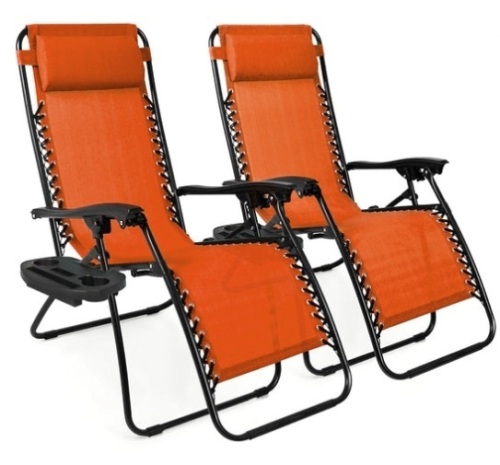 Set of 2 Adjustable Zero Gravity Patio Chair Recliners w/ Cup Holders, Burnt Orange - Lot 329
