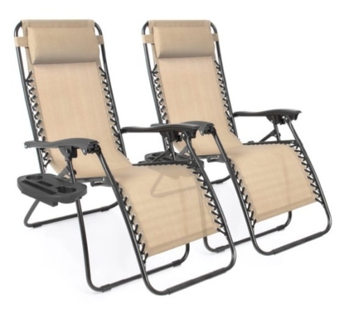 Set of 2 Adjustable Zero Gravity Patio Chair Recliners w/ Cup Holders, Sand - Lot 330