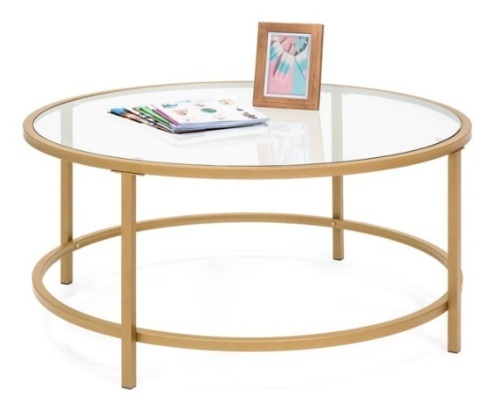 Round Tempered Glass Coffee Table w/ Steel Frame - 36in, Gold - Lot 331