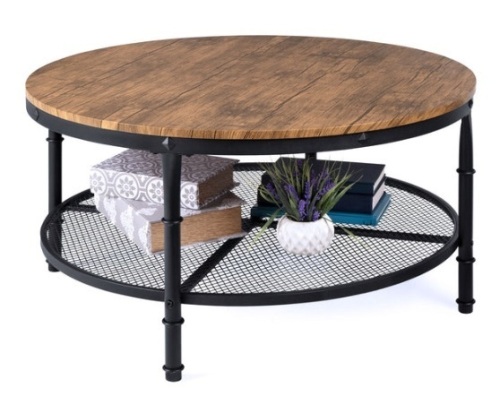 2-Tier Round Industrial Wood & Steel Coffee Table, Storage Shelves - 35.5in, Brown - Lot 332