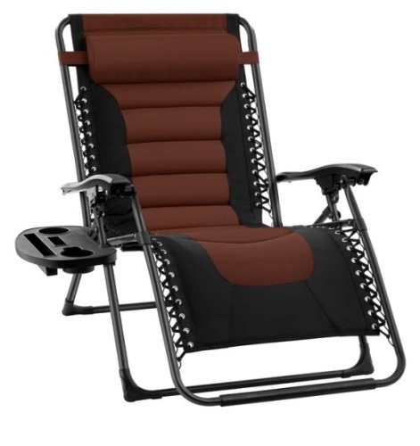 Oversized Padded Zero Gravity Chair, Folding Recliner w/ Headrest, Side Tray, Brown - Lot 334