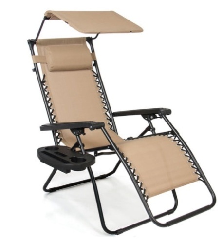 Folding Zero Gravity Recliner Patio Lounge Chair w/ Canopy, Side Tray, Beige - Lot 338
