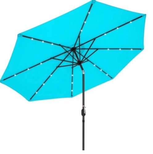 Solar LED Lighted Patio Umbrella w/ Tilt Adjustment, UV-Resistance - 10ft, Light Blue - Lot 340