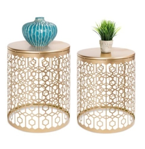 Set of 2 Decorative Round Side Accent Table Nightstands w/ Nesting Design, Gold - Lot 342
