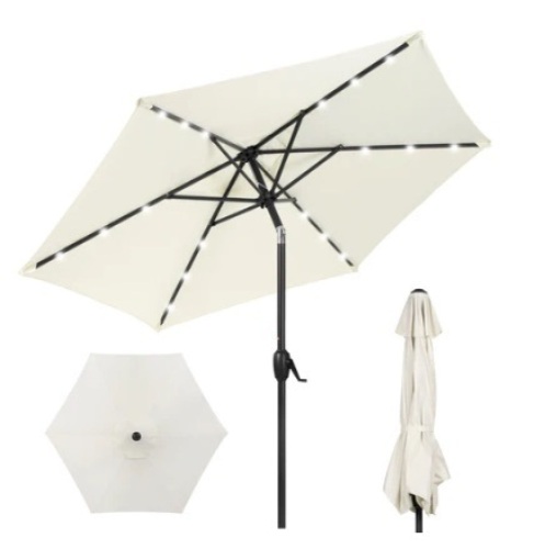Outdoor Solar Patio Umbrella w/ Push Button Tilt, Crank Lift - 7.5ft, Cream  - Lot 343