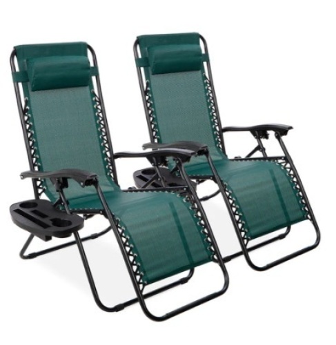 Set of 2 Adjustable Zero Gravity Patio Chair Recliners w/ Cup Holders, Forest Green - Lot 344