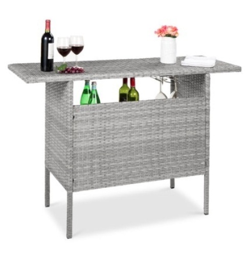 Outdoor Wicker Bar Counter Table w/ 2 Steel Shelves, 2 Rails, Gray - Lot 345