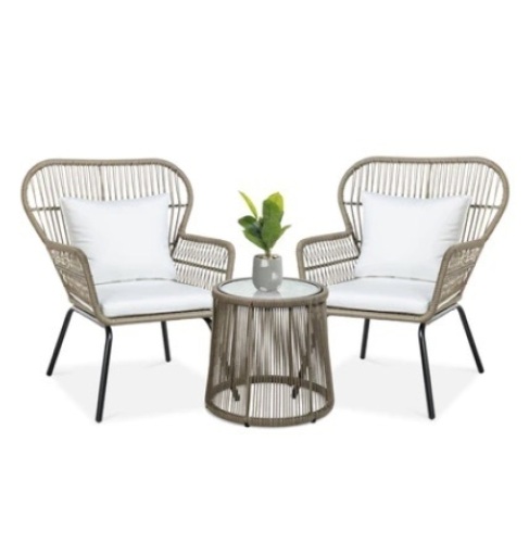 3-Piece Patio Wicker Conversation Bistro Set w/ 2 Chairs, Glass Top Table, Tan - Lot 356